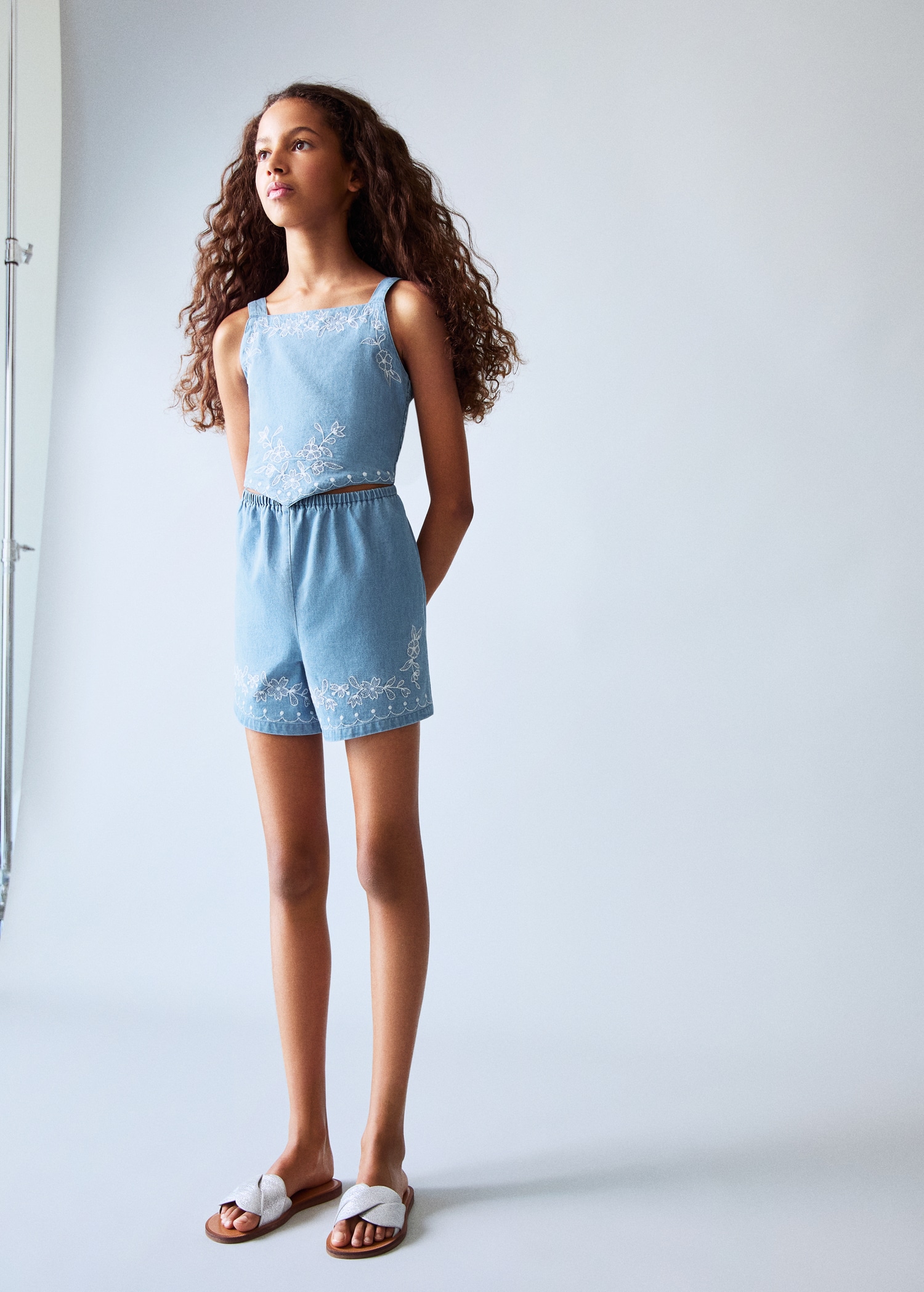 Denim jumpsuit with embroidered detail - General plane